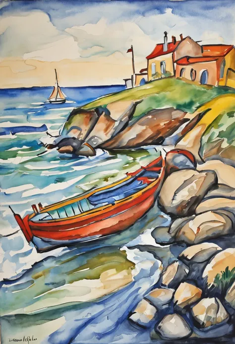 an oil painting of a beached, in the style of erich heckel, contour line, Børge Bredenbekk, raoul dufy, bentwood, pont-aven school, agfa vista