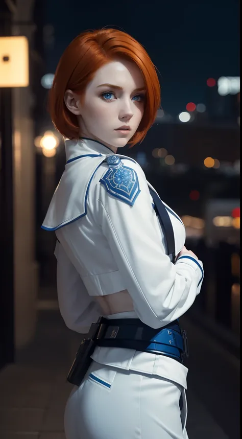 (A beautiful 20 years old British female assassin), (short ginger hair), (pale skin), (serious looking), (wearing white and blue assassin outfit), (city at night background), view from front, waist up shot, dynamic pose, ambient lighting, photo realism, in...