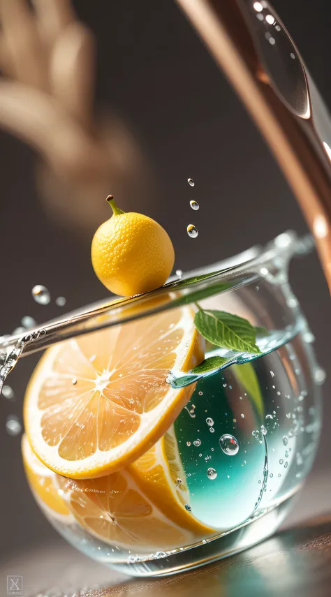 Create a beautiful close-up photo of a lemon with water droplets on its surface. Create a beautiful close-up photo of a lemon with water droplets on its surface, many ice cubes, and a realistic surface