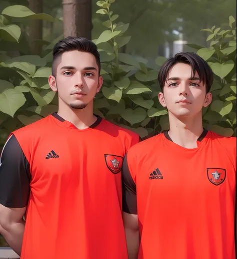 Attractive profile picture, 2 guys, masterpiece, ultra-precise rendering, beautiful and cool young man, trustworthy, dependable young man, savior of the world, simple design, most beautiful image, 4K, adidas jersey, beard.