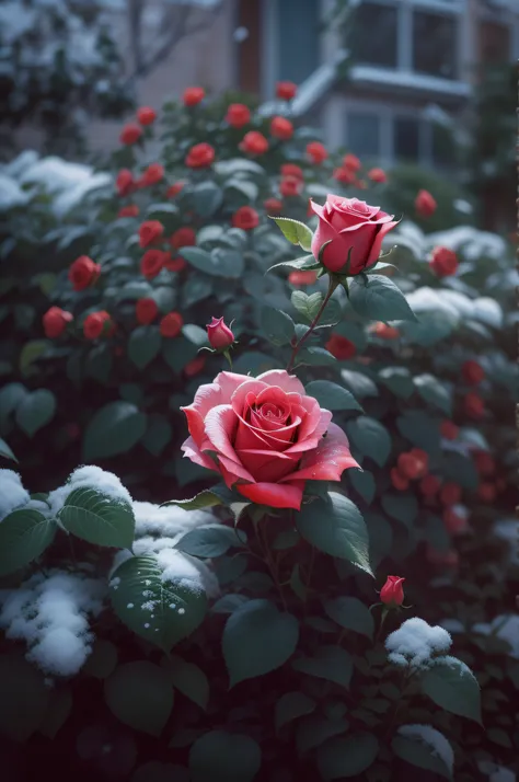 Red roses grow in the bushes, The leaves and petals were covered with dust and snowflakes,shot with a canon 35mm lens, photo of a rose, taken with a pentax k1000, Shot with Pentax 1000, Two 5mm ports, Photographed in Kodak Portera, rose twining, Red rose, ...