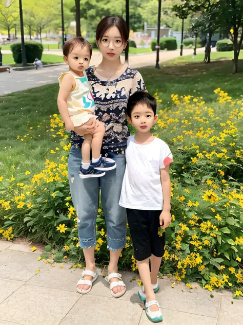 There were two people standing next to a child in the park,  Mom holding her little son，The eldest son stands next to the woman, Profile image, 30 year-old woman, with a child, Celluloid， at park, Mom, of a family standing in a park