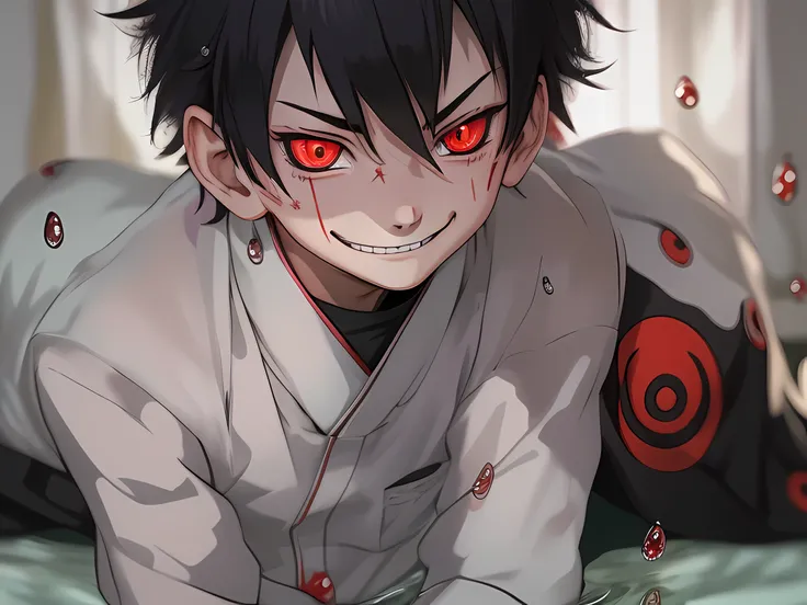 uzumaki, 1boy, Male focus, Masterpiece, Best quality, (Portrait, Close-up), looking at viewert, shadows and light, Blurred foreground, konohagakure symbol, Indoors, water dripping, Red eyes, Black sclera, on the bed, Cold, bloodthirsty smile,