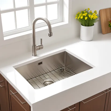 Stainless steel sink in the kitchen，Bright surroundings，There is food or decorations，White countertop