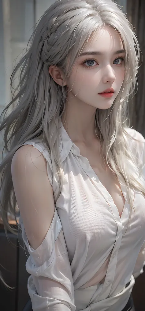 Photorealistic, high resolution, 1 Women, Solo, Beautiful eyes, view the viewer, Close lips, Detailed face,，long whitr hair, Big breasts Thin waist，long leges，Raised sexy，The kinky is exposed，（Wearing：White loose shirt，black colored leggings）