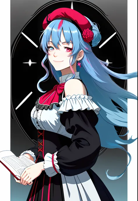 Holding a red book, multicolored hair, blue hair, light blue hair, pink hair, curly hair, bangs, hair over shoulder, long hair, parted bangs, wavy hair, cloud hair, beret, beret, maid headdress, blindfold, forehead jewel, hairpods, goggles, mask on head, s...