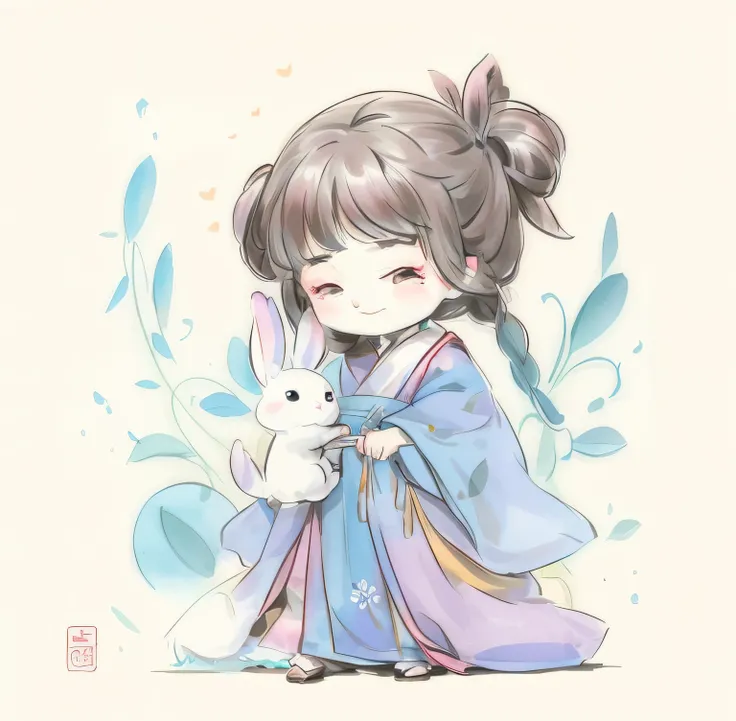 There is a girl in a kimono skirt holding a rabbit, lovely art style, adorable digital art, lovely digital painting, Soft anime illustration, cute illustration, Palace ， A girl in Hanfu, By Ni Duan, Cute detailed digital art, Guviz-style artwork, Guweiz in...