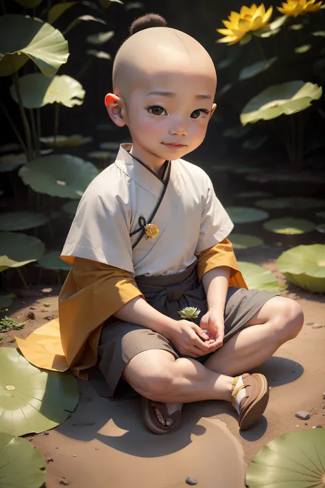 Lively and cute little monk，Asia face，No hair，facing to audience，Only 3 or 4 years old，largeeyes，little mouth，The smile is sweet and cute，having fun，He holds a blooming lotus flower in his hand，Wearing a gray-white coarse cloth，Chinese Hanfu，Gray-blue coar...