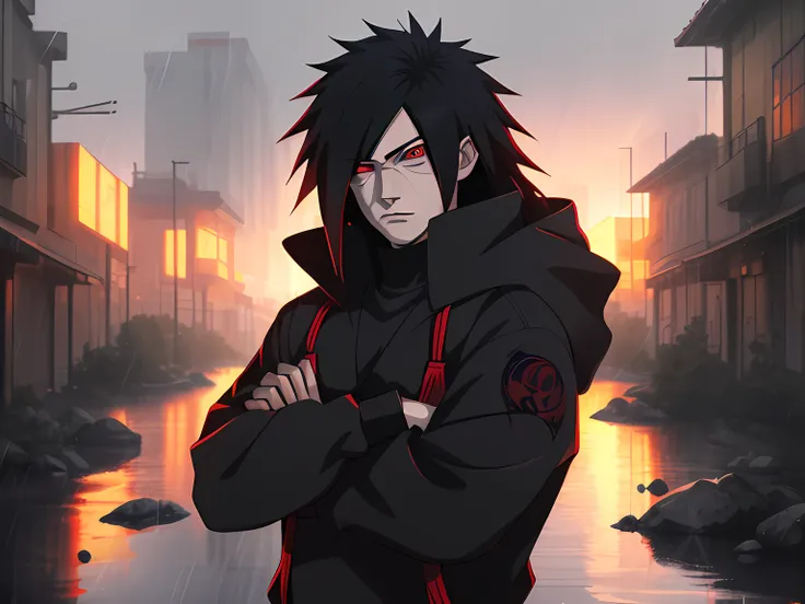 kk, best quality, more details, masterpiece, 1boy, madara uchiha, portrait, male focus, red eyes, solo, rim, view the viewer, lo...