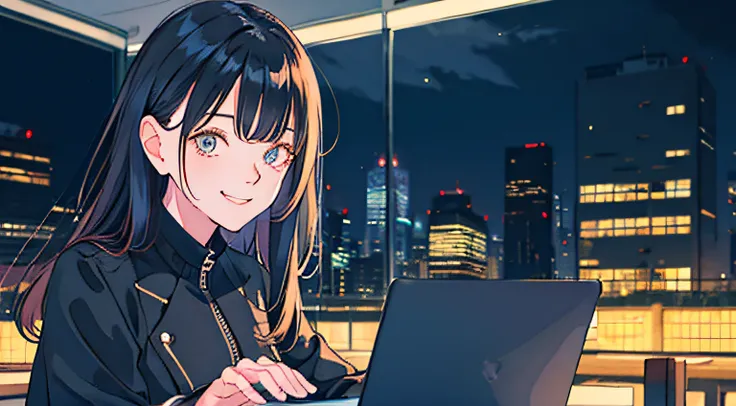 natta, Night View Office, mid-shot, femele, Detailed eyes, ((Beautiful woman using laptop)), ,Semi-long hair, Fashionable, Smiling smile, Black jacket,