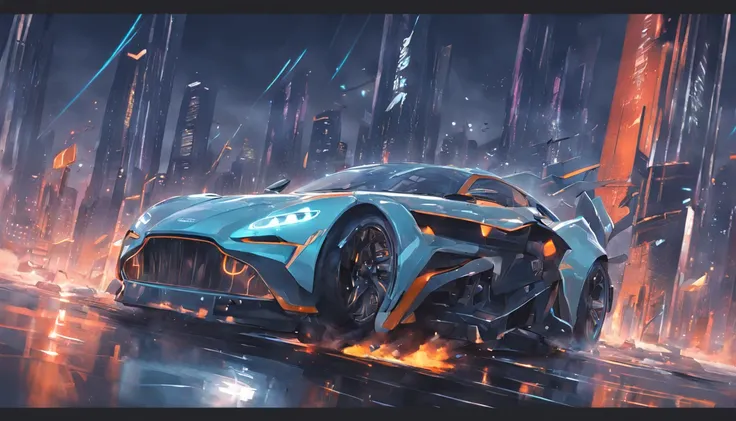 Aston Martin, Mecca chariot,Sports cars,the night,Back with a large amount of energy short barrels,Face the camera,Buildings,Energy cannon fire,Tall and mighty,strong armor,future-tech,Sharp lines,Dynamic styling,Mechanical blazing, Duties and explosives, ...