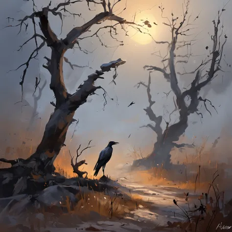 Two crows on a dead tree, A shadow shaped like a walker, Starry night, Thick fog on the ground, Blue light on the horizon, Unreal Engine 5, Cinematic, low angle photography, Motion blur, Depth of field, Dust, Cobblestones and dirt. Splash Art, dripping pai...