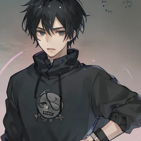 A boy with，with short black hair，Black sweatshirt，A lewd expression，Frontal display，The character is centered