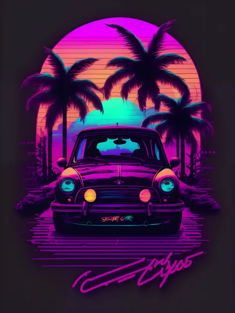 ein Mini-Cooper vor dem Sonnenuntergang, Vaporwave-Stil, Neon-Stil, Weiche Linien, Vektor-Aufkleber-Kunst, Vektor-Kernel, Komplizierte Details, white background , 8K