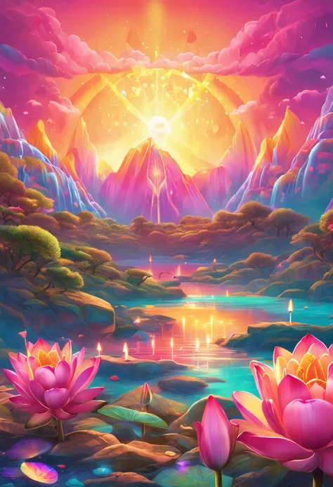 Lotus flower with shallow petals, A symbol of Buddhism, Rainbow colors of rainbow colors, There is a golden aura around him，A very bright divine light descended from the sky,  high-definition image, High detail and realistic style. Images of at least 300 d...