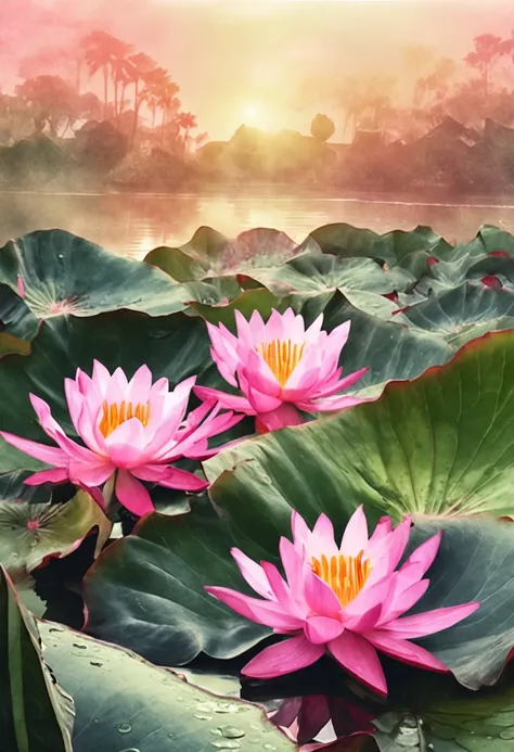 (watercolor paiting:1.2), Bumbu Abu Abu Aban Buatam Pink Morning Sun, rainbows, Water drops on lotus leaves.