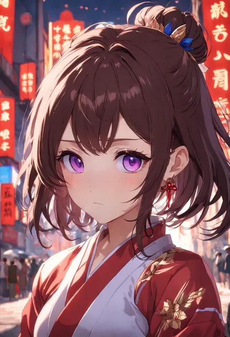 brunette color hair，short detailed hair，Ear ring，Be red in the face，Purple pupils，chineseidol