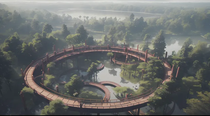 There is a bridge surrounded by trees and ponds, beautiful landscape rendering, overlooking a vast serene forest, Beautiful rendering of the Tang Dynasty, japonisme 3 d 8 k ultra detailed, fantasy style 8 k octane render, rendered in unreal engine 4k hq, r...