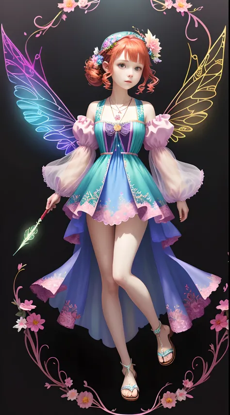 Full body photo，1 Fairy，[（Transparency）+Colorful wings]，redheadwear，Floral hair ornaments，sandals,，pendant，Colorful dresses，Loose-fitting sleeved jacket，Magic wand，rosette，Perfect detailed face,intricately details, trending on artstationh, isometry, hyper ...