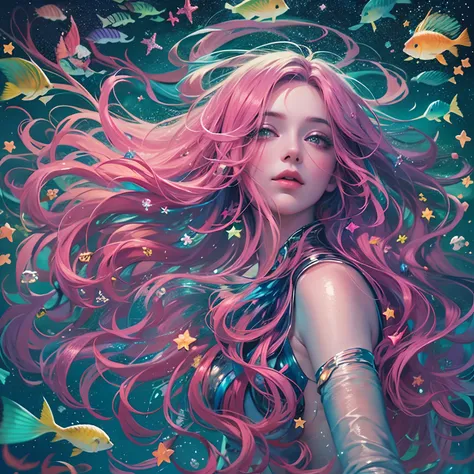 floating and rainbow long hair,Iridescence and rainbow, beautiful detailed starry sky, pink hair, mermaid, underwater