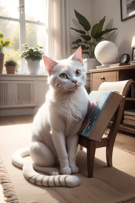 high detail，high quality，8K，A female white silver gradation cat happily playing with woolen balls on the carpet，In the background is a sun-filled Nordic style living room，Greenery in the living room，On the coffee table were open books，The warm，Cosy，Cure，na...