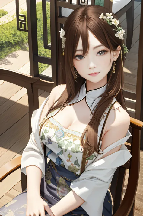 upper body, oil painting, masterpiece, best quality, highres, long brown hair, jewelry hairpin, breast, riverside and chair, sitting, song Dynasty, song clothing,