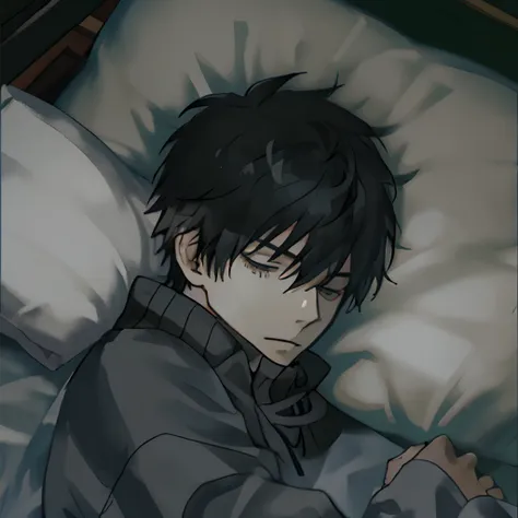 A boy with，with short black hair，Black sweatshirt，Sleep in bed，overhead photography