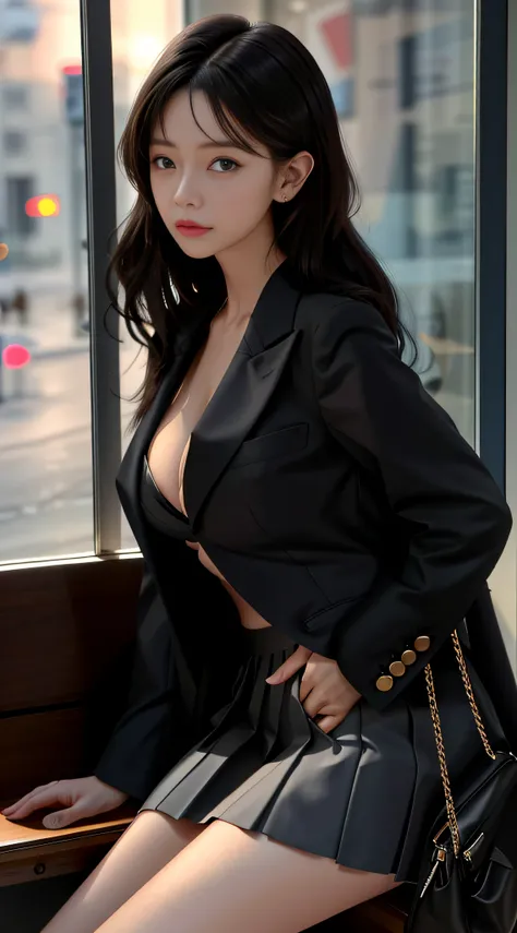 best qualtiy， tmasterpiece， 1girll， beauitful face， （photograph realistic：1.3）， edge lit， （highdetailskin：1.2），（realisticlying：1.3）， Cute 1girl， Wearing a black formal blazer， crisp breasts， short  skirt，long whitr hair，best qualtiy， tmasterpiece， 1girll， ...