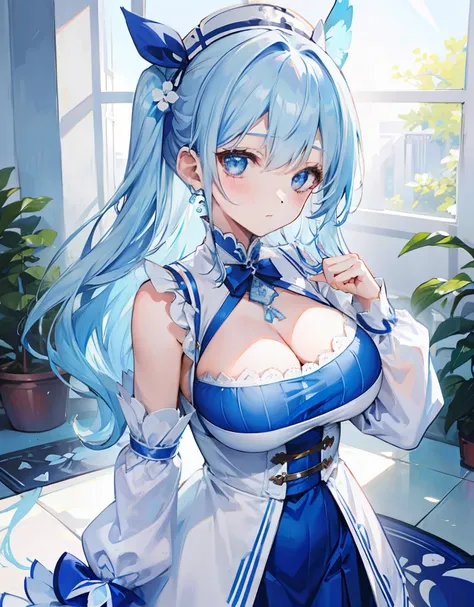 blue hairs，Blue and white clothes，Sexy big breasts，Sell cute very cute sweet girl