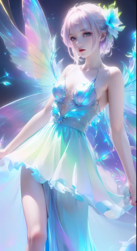 (((A girl))，Long skirt，（the Flower Fairy），(Colorful wings），Irridescent color，The Arthur effect, Transparent body, Gradient translucent glass melt, Caustics, Glass texture, Irridescent color, Designed by Dietrams, Simple, Glows in high detail, industrial de...