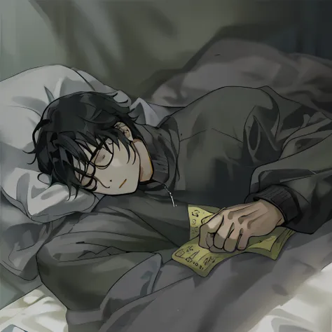 a boy with，with short black hair，black sweatshirt，sleep in bed，overhead photography