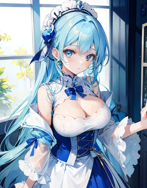 blue hairs，Blue and white clothes，Sexy big breasts，Sell cute very cute sweet girl