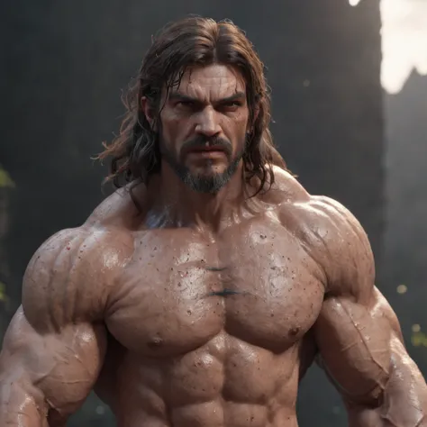 (professional 3d render:1.3) af (Realistic:1.3) most beautiful artwork photo in the world，Features soft and shiny male heroes, ((Epic hero fantasy muscle man rough wet hero angry look long hair short beard and ferocious expression in dynamic pose, Fantasti...