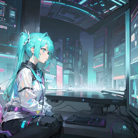 Anime girl sitting at computer desk，Hold the monitor, Digital cyberpunk anime art, digitl cyberpunk - anime art, style of anime4 K, anime cyberpunk art, cyberpunk anime art, Anime art wallpaper 4 K, Anime art wallpaper 4k, 4K anime wallpaper, Best anime 4k...