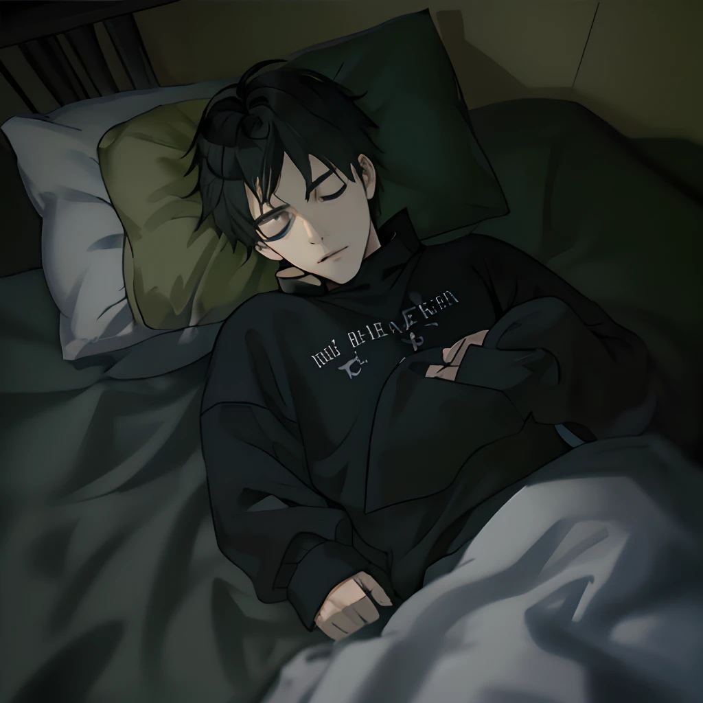 A boy with，with short black hair，Black sweatshirt，Sleep in bed，overhead photography