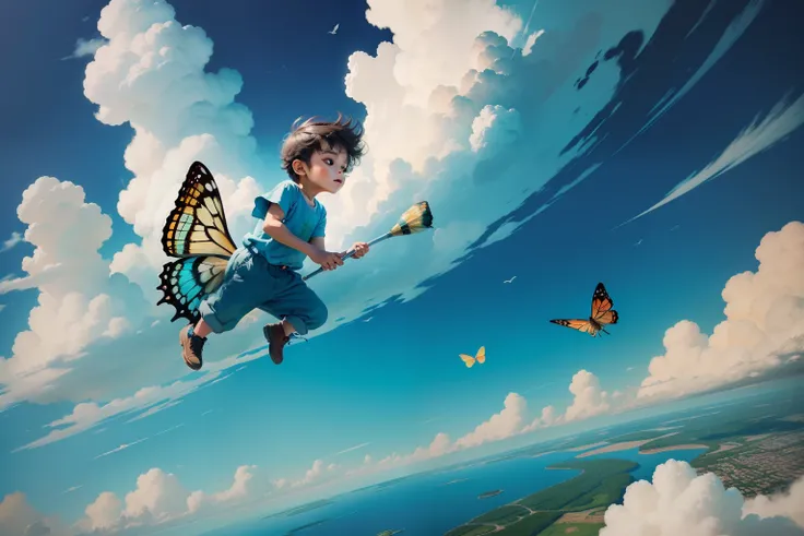 The little boy flies through the air on a huge paintbrush，The ground is full of forests and clouds of oil paintings，There is a painted bird flying in the sky，Two painted butterflies fly together，Colorful paints float in the sky，Paintings floating in the ai...