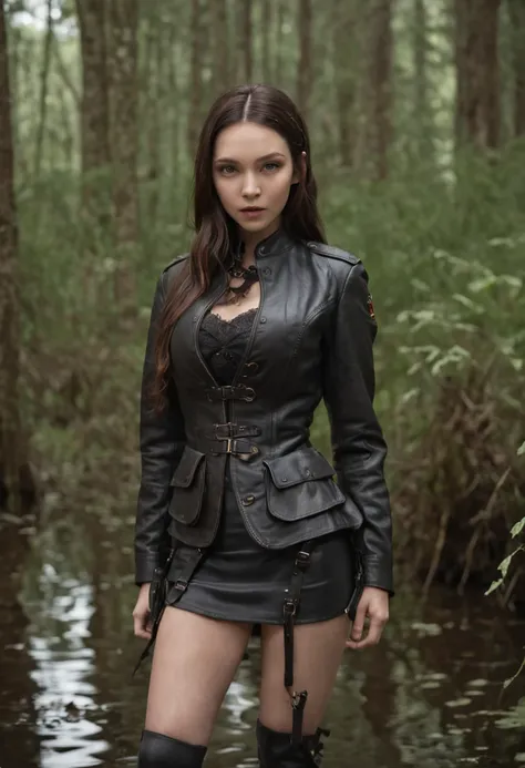 nтусклое освещение, A woman drowns in a bog, thighs in the swamp, a closeup of a, Realistic fantasy rendering in a swamp, matte painting portrait photo, A realistic photo, (lust:1.3), mini skirt, (Black stockings with garters:1.2), leather jacket, leather ...