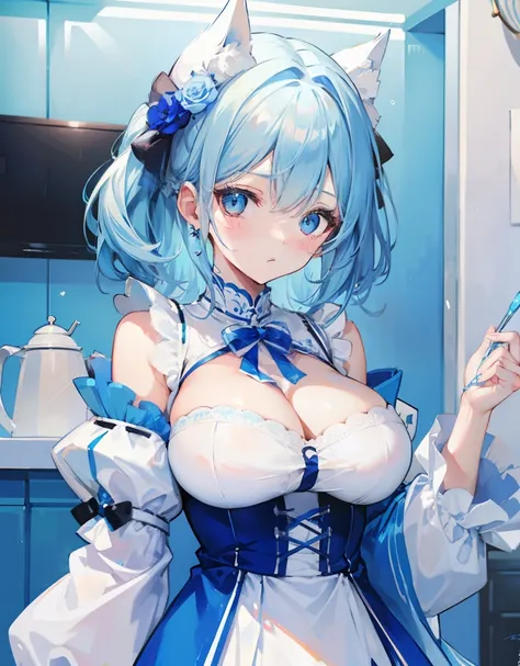 blue hairs，Blue and white clothes，Sexy big breasts，Sell cute very cute sweet girl