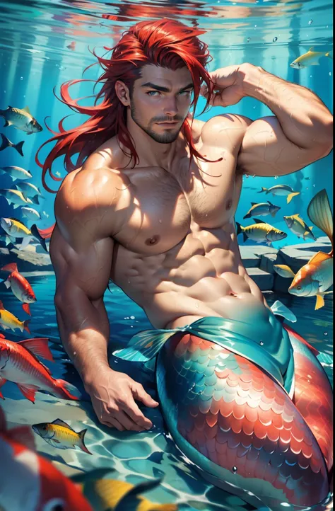 merman, mermaid, human from the waist up and fish-like from the waist down, a mature daddy, red hair, long hair, under water, completely naked, muscular, wet skin, He represents the Greek god of water, swimming with fish flock, Handsome face，eyes with brig...