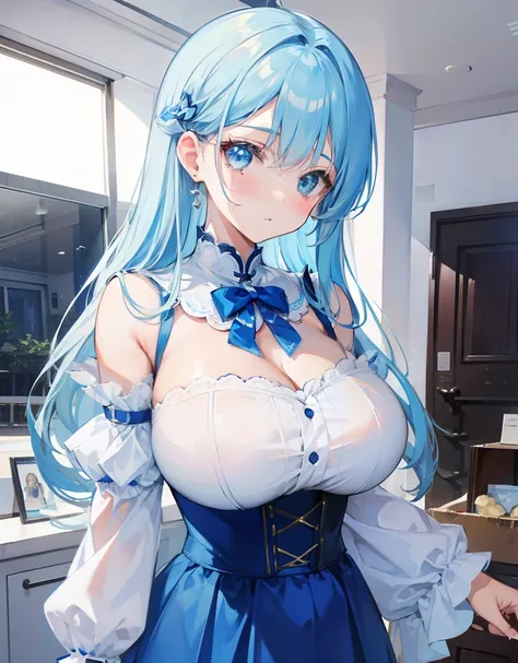 blue hairs，Blue and white clothes，Sexy big breasts，Sell cute very cute sweet girl