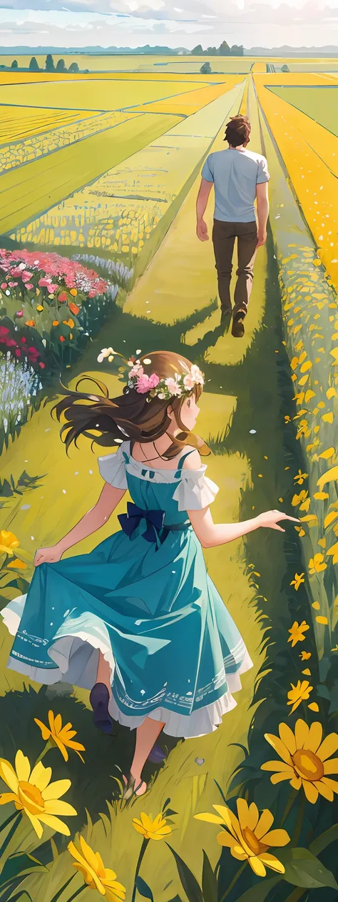 A girl and a guy are frolicking together in a thick field of flowers