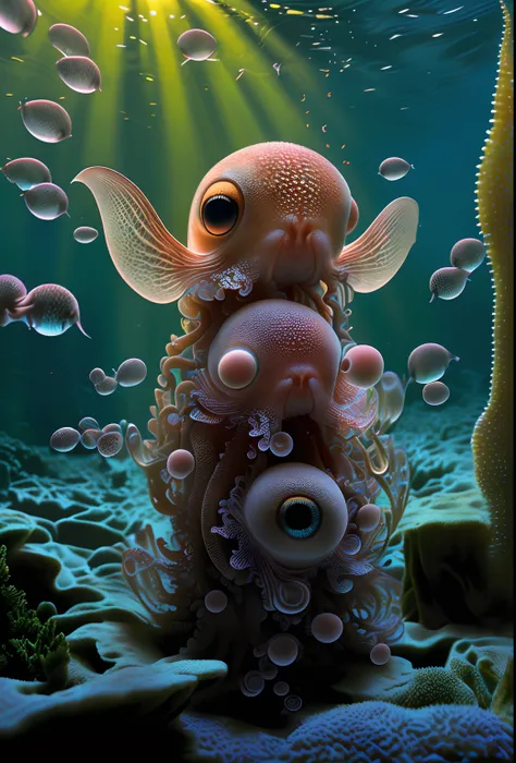 tmasterpiece， best qualtiy， 3D， realisticlying， { Fish with three heads，mermaids，1 tentacle， In the suction cup are the eyes， arm raise， Focus on the tentacles}， big breasts beautiful， Colorful， Smooth skin， illustration， art  stations， Painted by Stanley ...