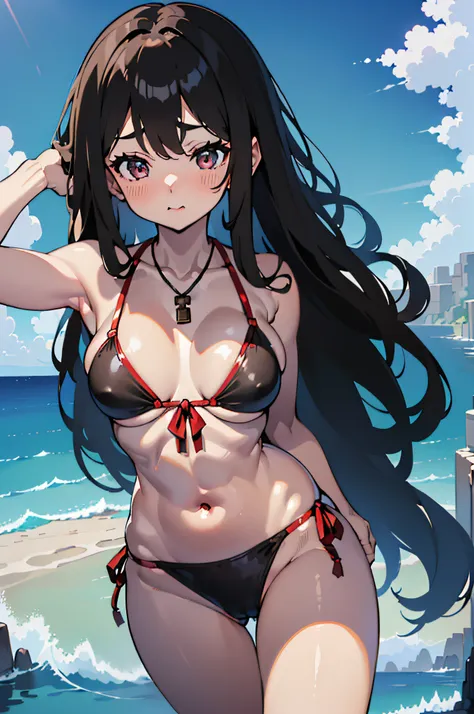 in 8K、超A high resolution、Best Quality、masutepiece(huge-breasted、Nipple erection:1.3)(teats、Hide all breasts and belly:1.6)(Black and red pretty high-leg T-back swim racing suit、Black High Leg:1.5)、(Crotch indirect、Stand with your crotch wide apart、stand up...