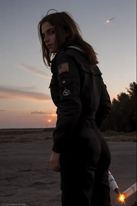 une jeune fille brune de 18 ans, pantalon cargo noir, at a rocket launch site, sunset