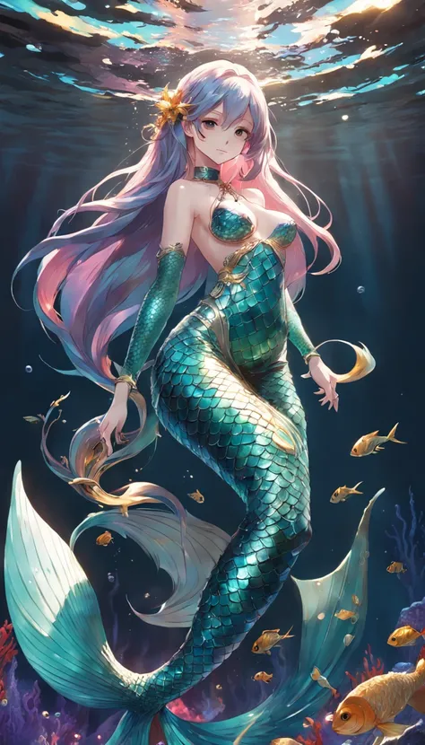 1 mermaid（slender fish tail、Full body standing painting）、独奏，Metal waist chain，Shell decoration，high detal，cinematic colorgrade，超高分辨率，Sharp focus，tmasterpiece，hdr，8K，（The is very detailed的 CG unified 8k 壁纸）