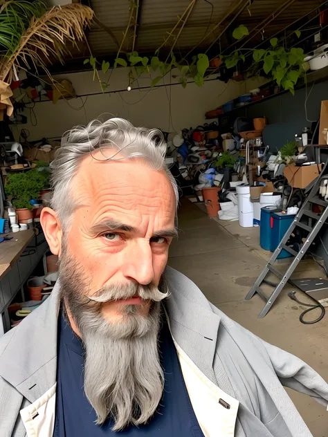 There is a man with beard and mustache standing in a garage, some gray hair in the beard, very long silver beard, 8K selfie photography, he has a beard and gray hair, gray beard, very long white beard and hair, gray beard, gray hair, long gray beard, 3 0 y...