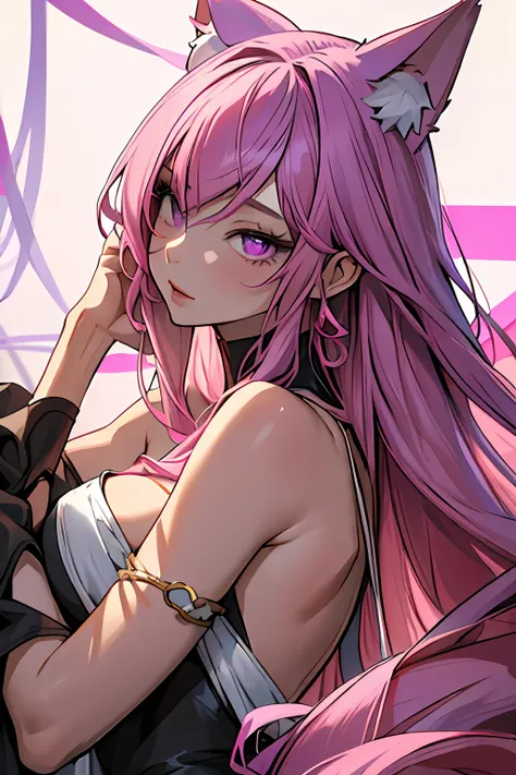 (masterpiece, best quality), 1lady, solo, long hair painted in two halves pink on the left side with purple neko ear and purple on the right side with pink neko ear starting from the root to the ends of the end, purple eyes with pink.