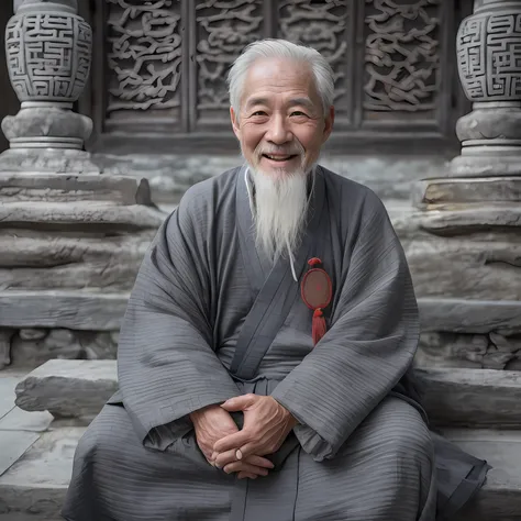 a gray-haired old man, dressed in gray ancient chinese clothing, smiling, 80 years old,middle of the lens,little white beard,anc...