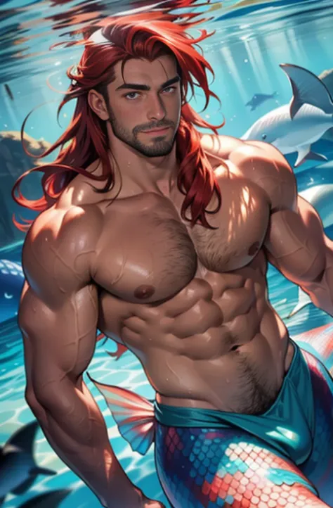 merman, mermaid, human from the waist up and fish-like from the waist down, a mature daddy, red hair, long hair, under water, completely naked, muscular, wet skin, He represents the Greek god of water, swimming with cute dolphins, Handsome face，eyes with b...