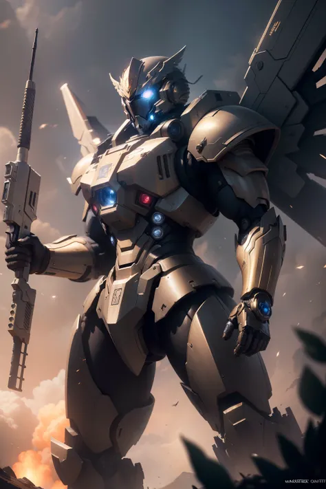 (masterpiece, best quality:1.3),extremely high detailed, intricate, 8k, HDR, wallpaper, cinematic lighting, (universe),gun,(shooting position), glowing, armor, glowing eyes, mecha, large wings,